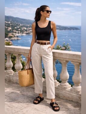 L.L.Bean Womens 10 Petite Ivory Pants Straight Leg Cotton Blend Cream Neutral